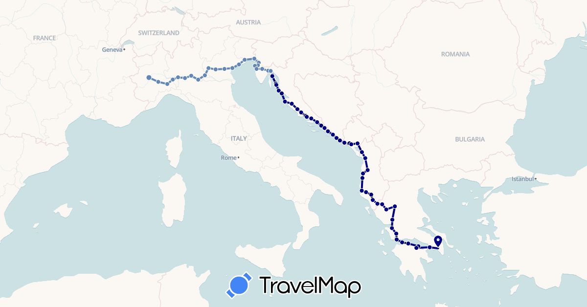 TravelMap itinerary: driving, cycling in Albania, Bosnia and Herzegovina, Greece, Croatia, Italy, Montenegro, Slovenia (Europe)